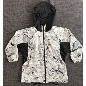 DKNY Windbreaker Jacket Mens M Black White Marble Hooded Lightweight Zip